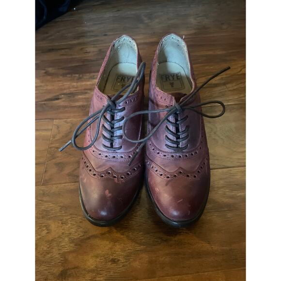 FRYE Maggie Perf Winttip Oxfords ACADEMIA WITCHY Chunky Block Heel Shoes Red 6.5 - Picture 3 of 10